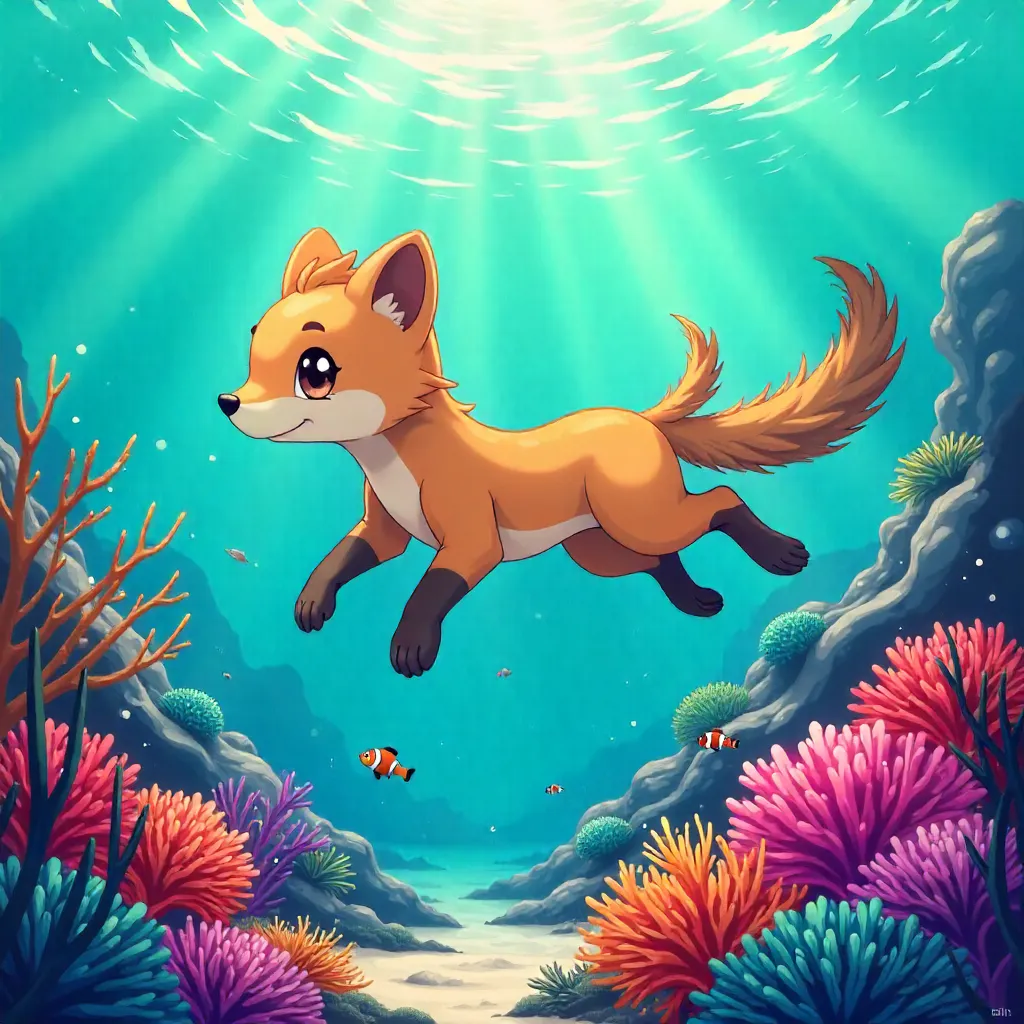 Anime-Style Mongoose in a Coral Reef