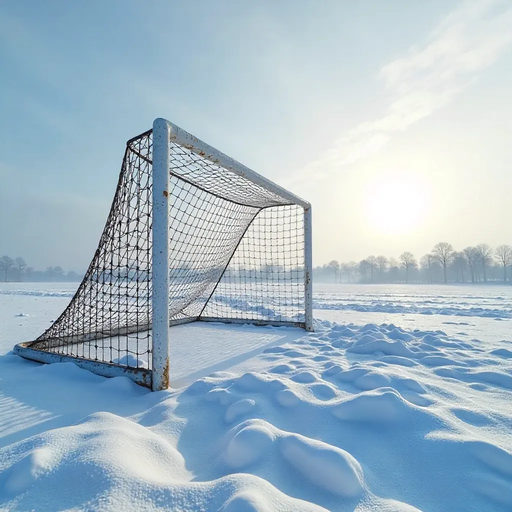 Isolated Soccer Goal in a Vast Snow Field