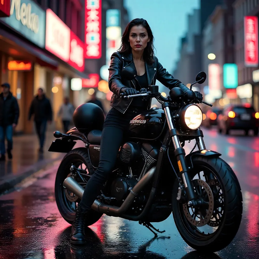 Confident Woman on a Black Motorcycle in Neon City