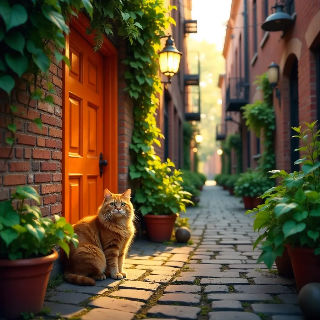 Urban Charm: Cat by an Orange Door in a Plant-Lined Alley