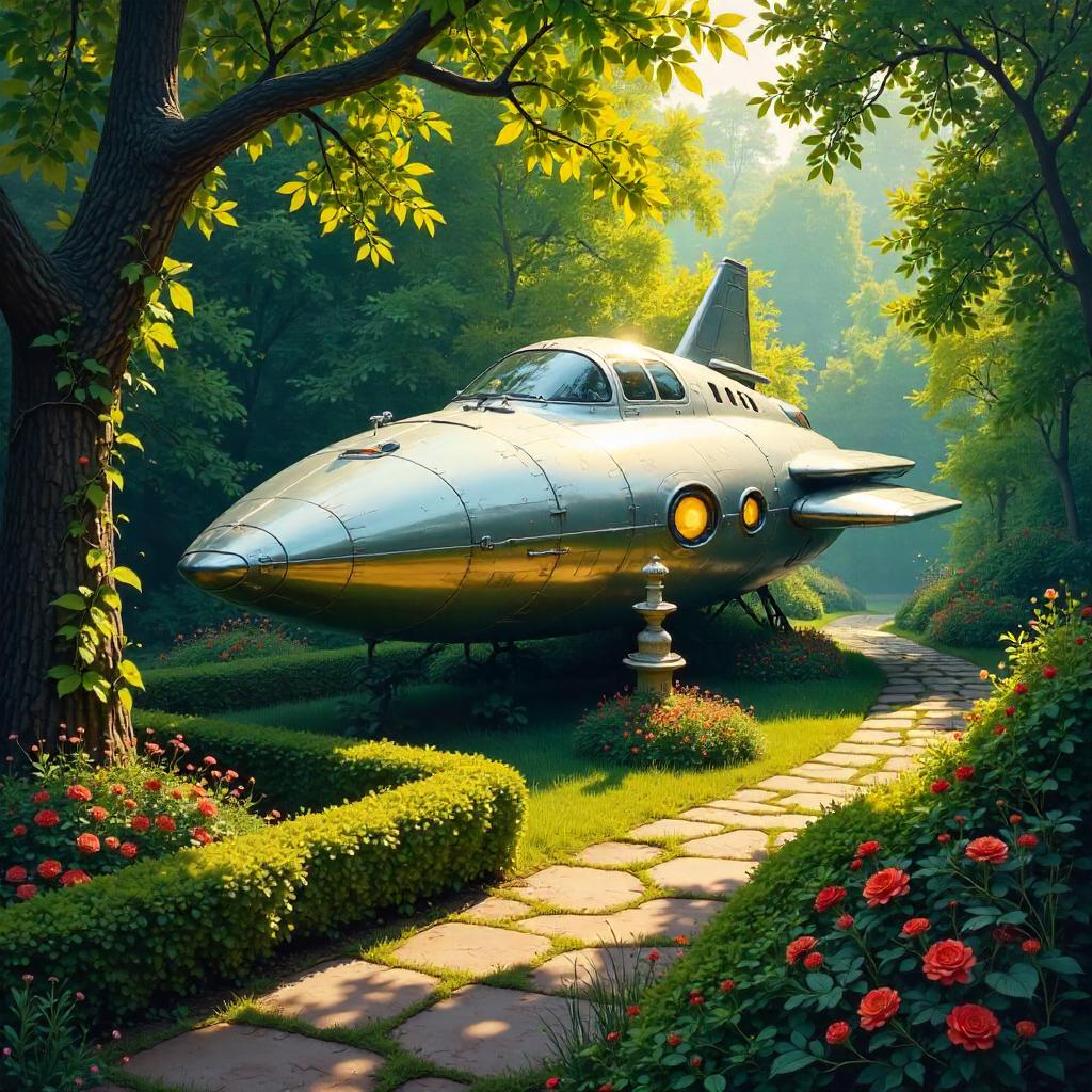 An Oil Painting of a Spaceship in a Garden