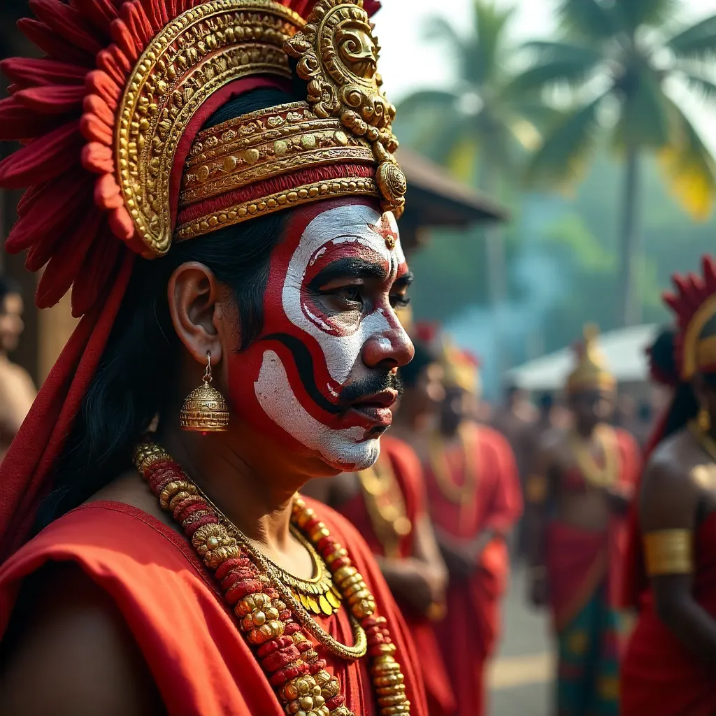 Close-Up of a Red Theyyam Performer in Kerala