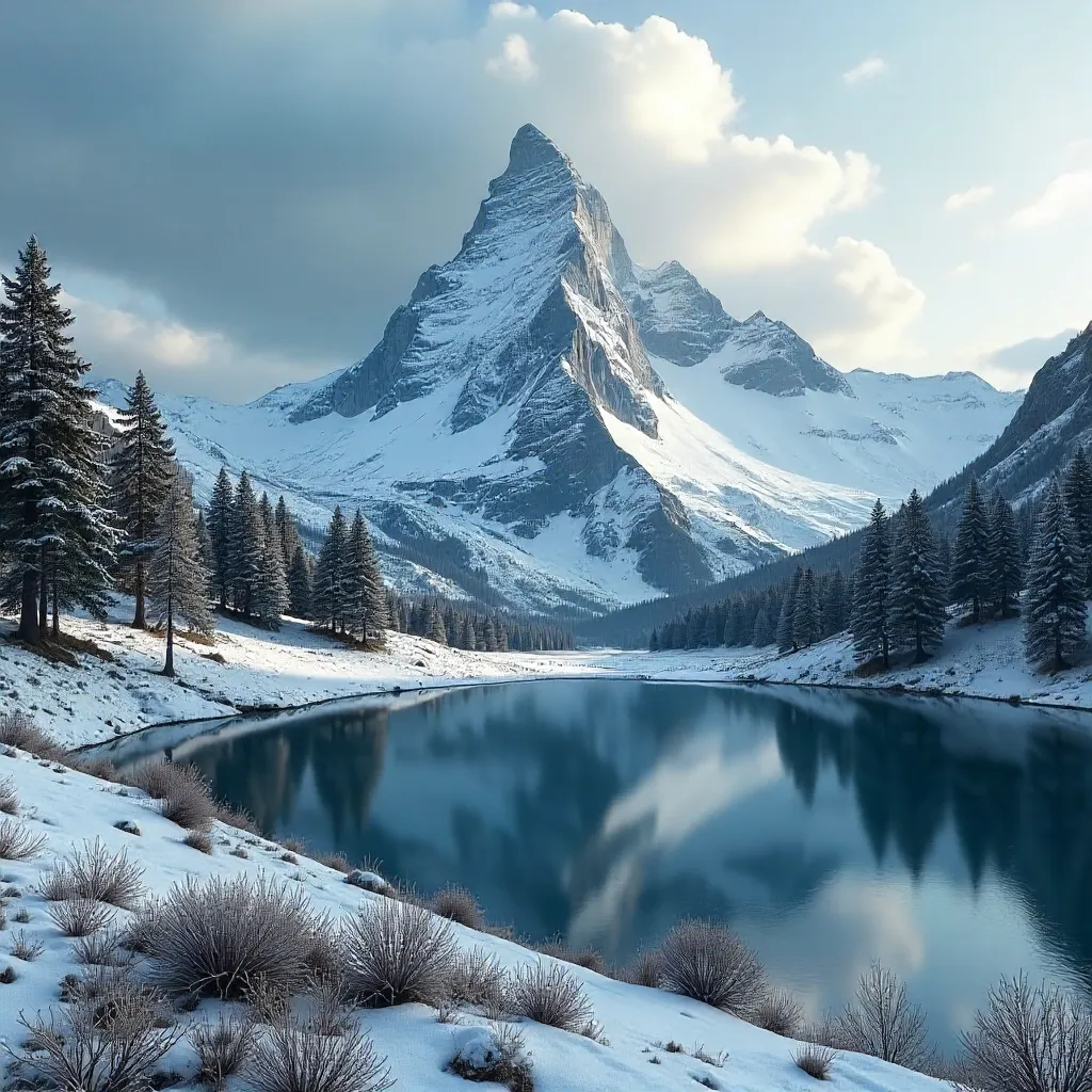 Majestic Snow-Capped Peak Under a Moody Cloudy Sky