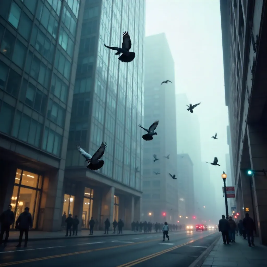 Pigeons Over Foggy Skyscraper: Urban Serenity