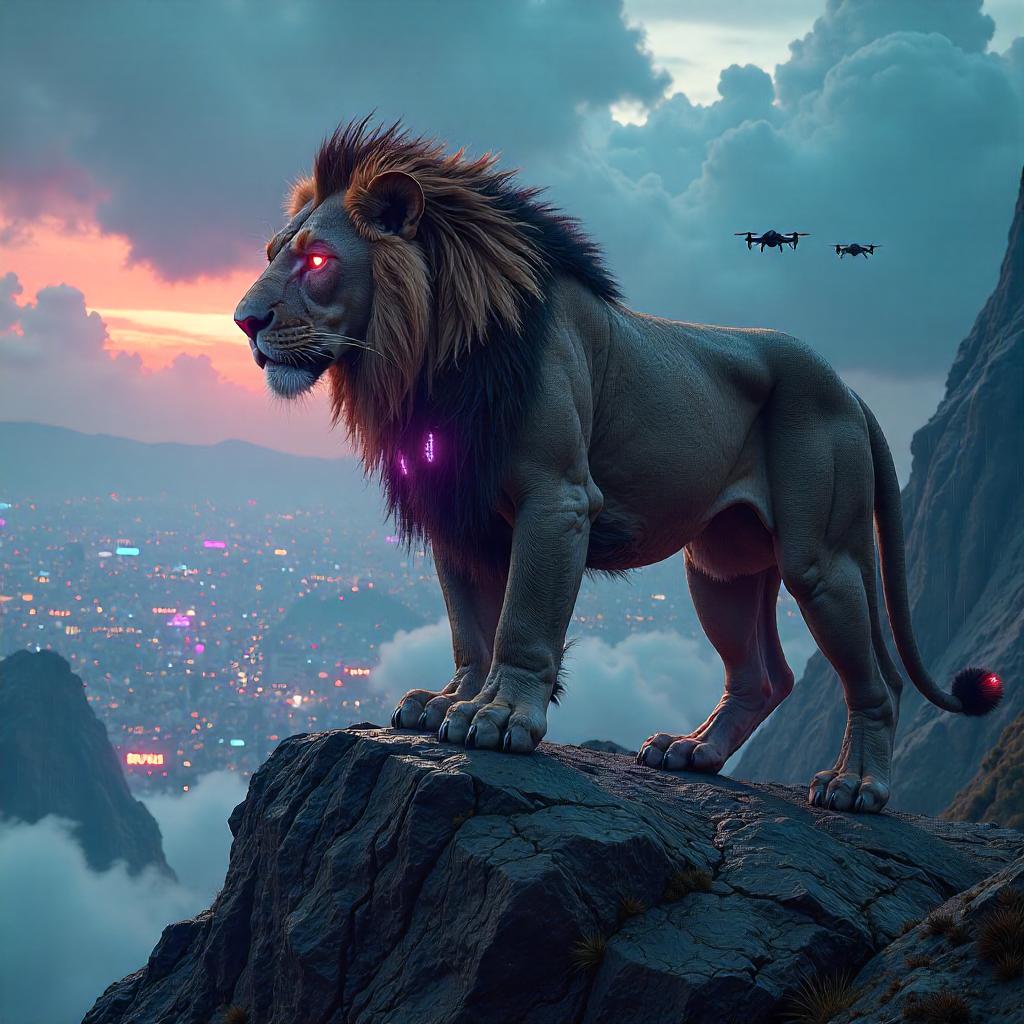 Neon Summit: The Cyberpunk Lion on the Peak