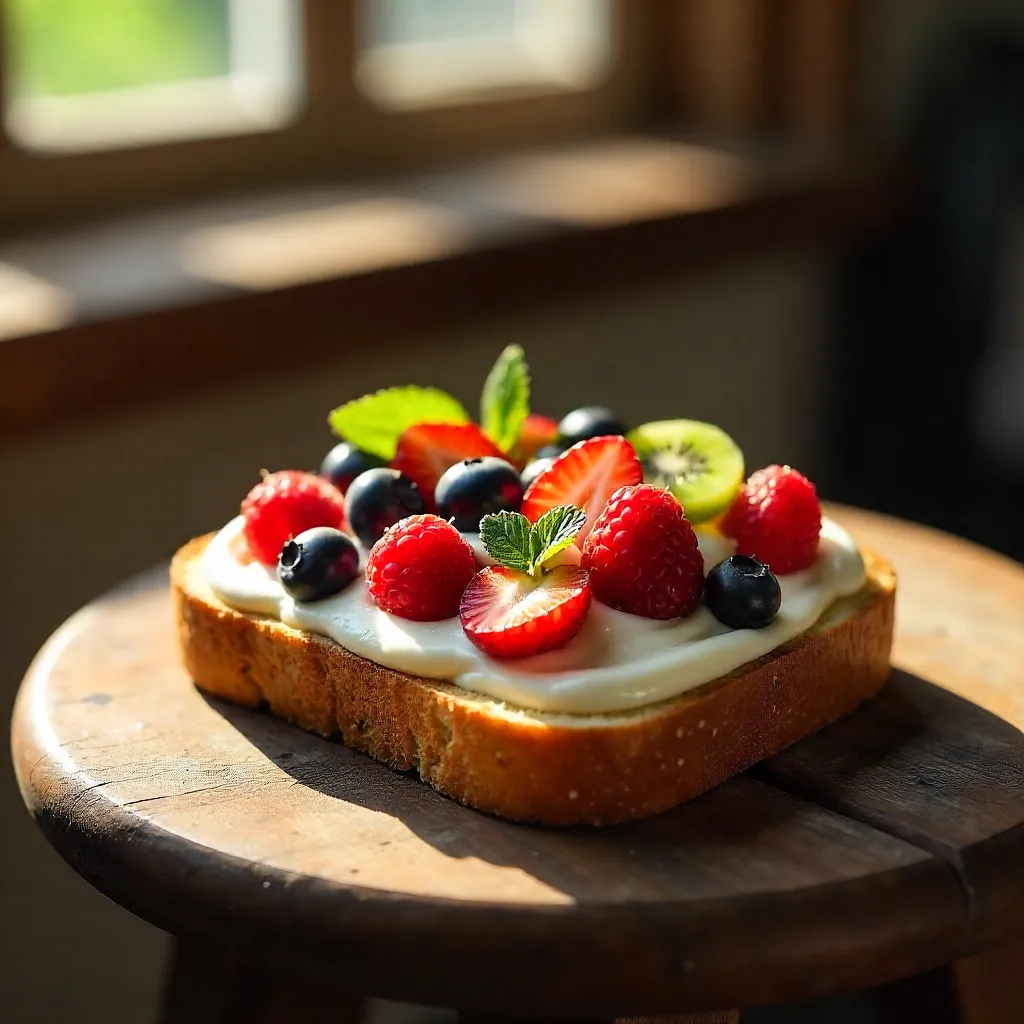 Creamy Fruit Toast on a Rustic Wooden Stool
