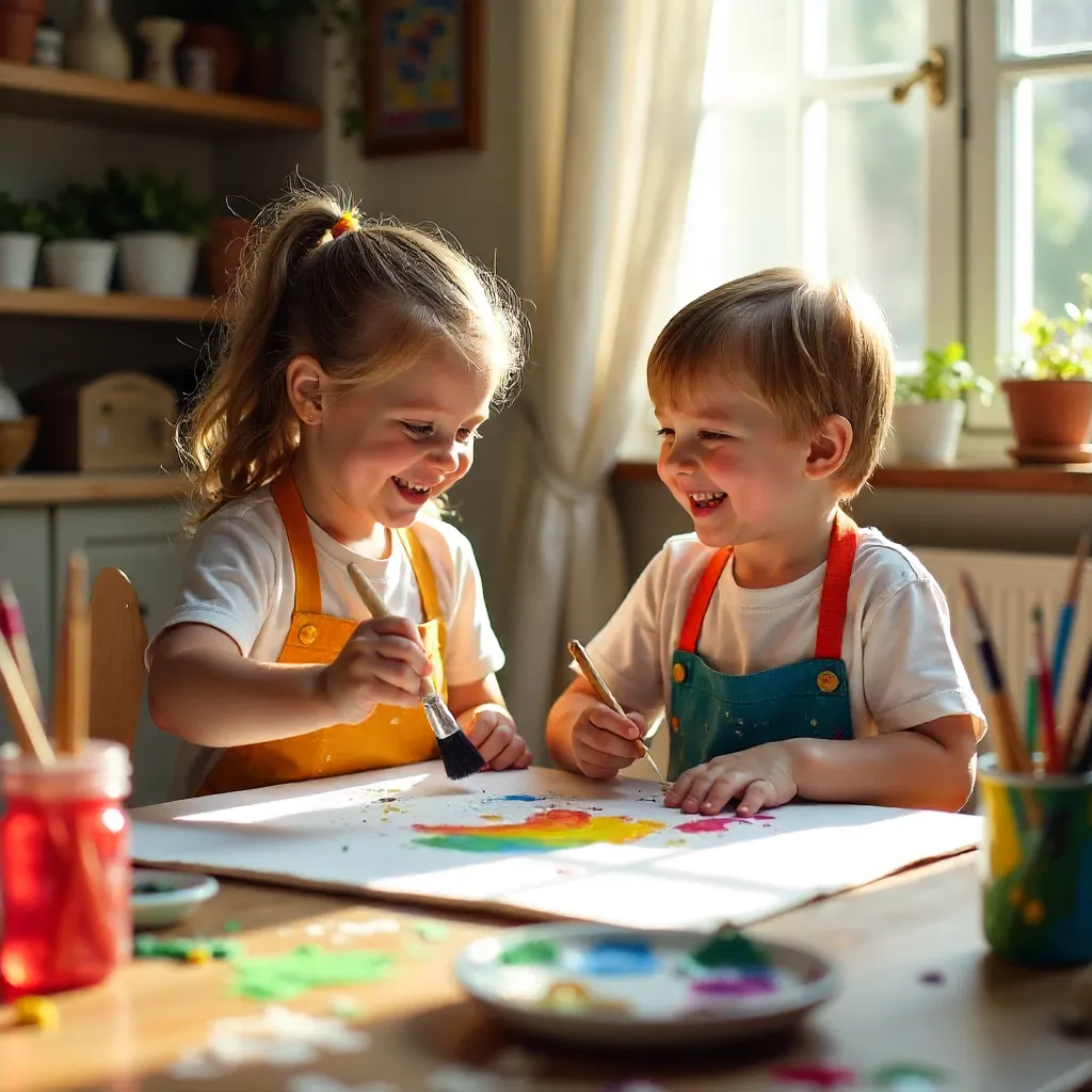Two Children Painting Playfully Indoors