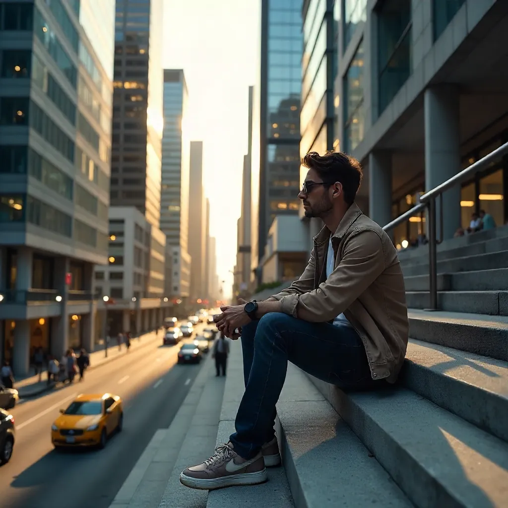 Contemplative Man on a Staircase in a Modern Cityscape