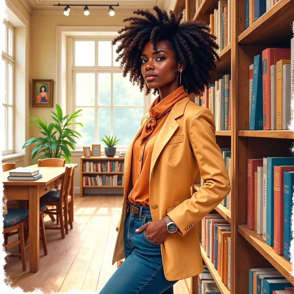 Confident Black Woman in a Watercolor Bookstore