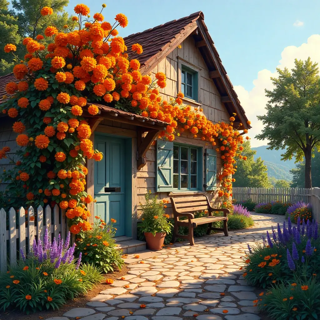 Charming Rustic Cottage Covered in Orange Flowers