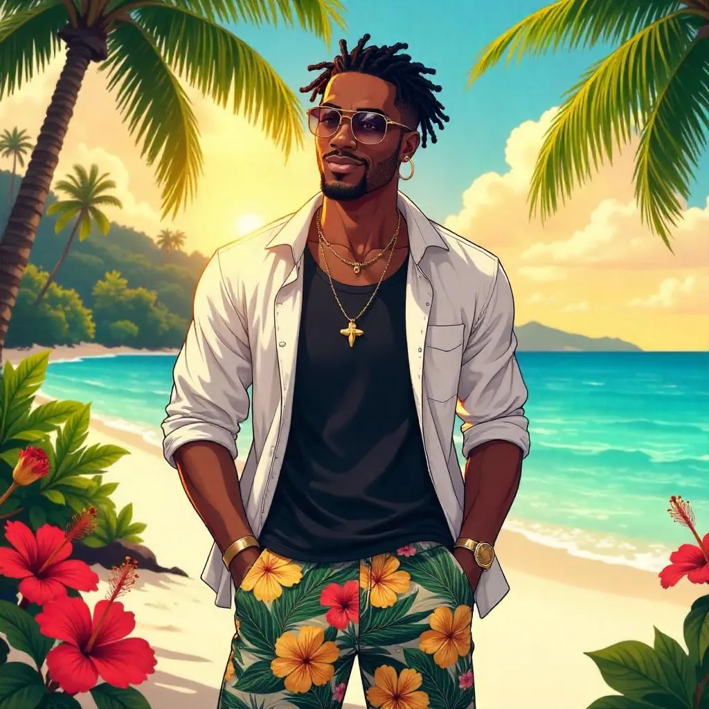 Stylish Black Man in Anime Tropical Paradise