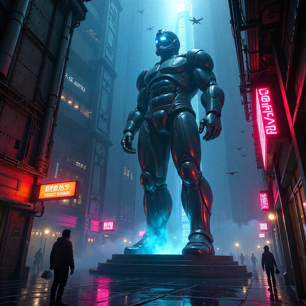 Statue of Neon Guardian in a Cyberpunk Tower
