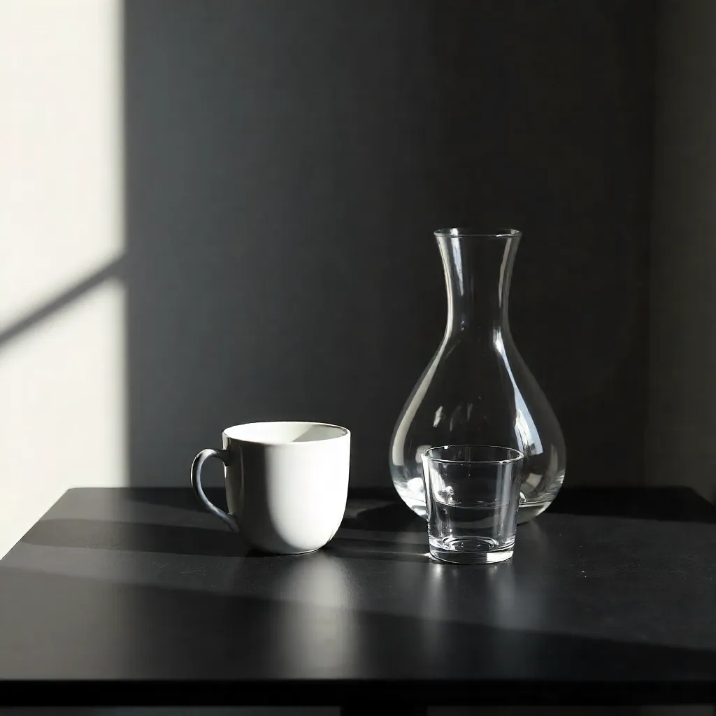 Minimalist Coffee Setup: Cup, Glass, Carafe