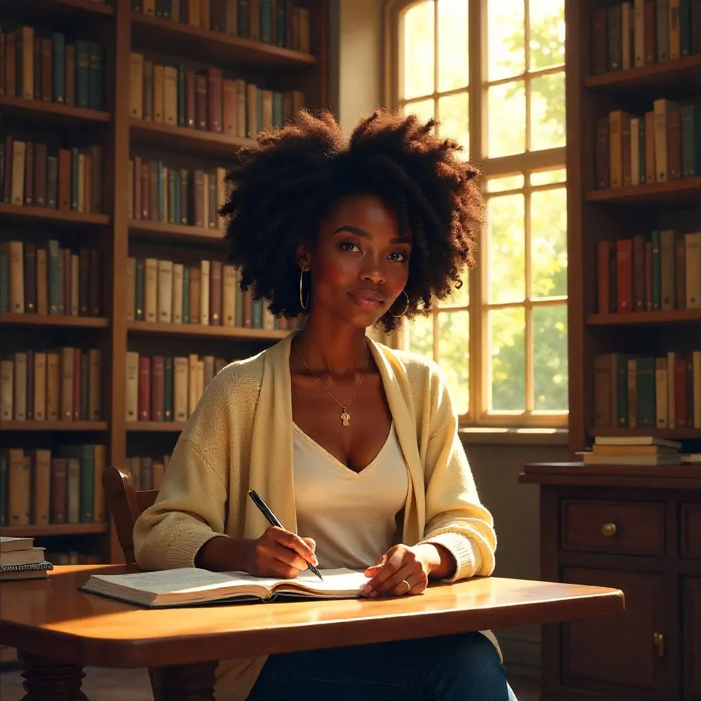 Radiant Black Woman in a Library (Digital Art)
