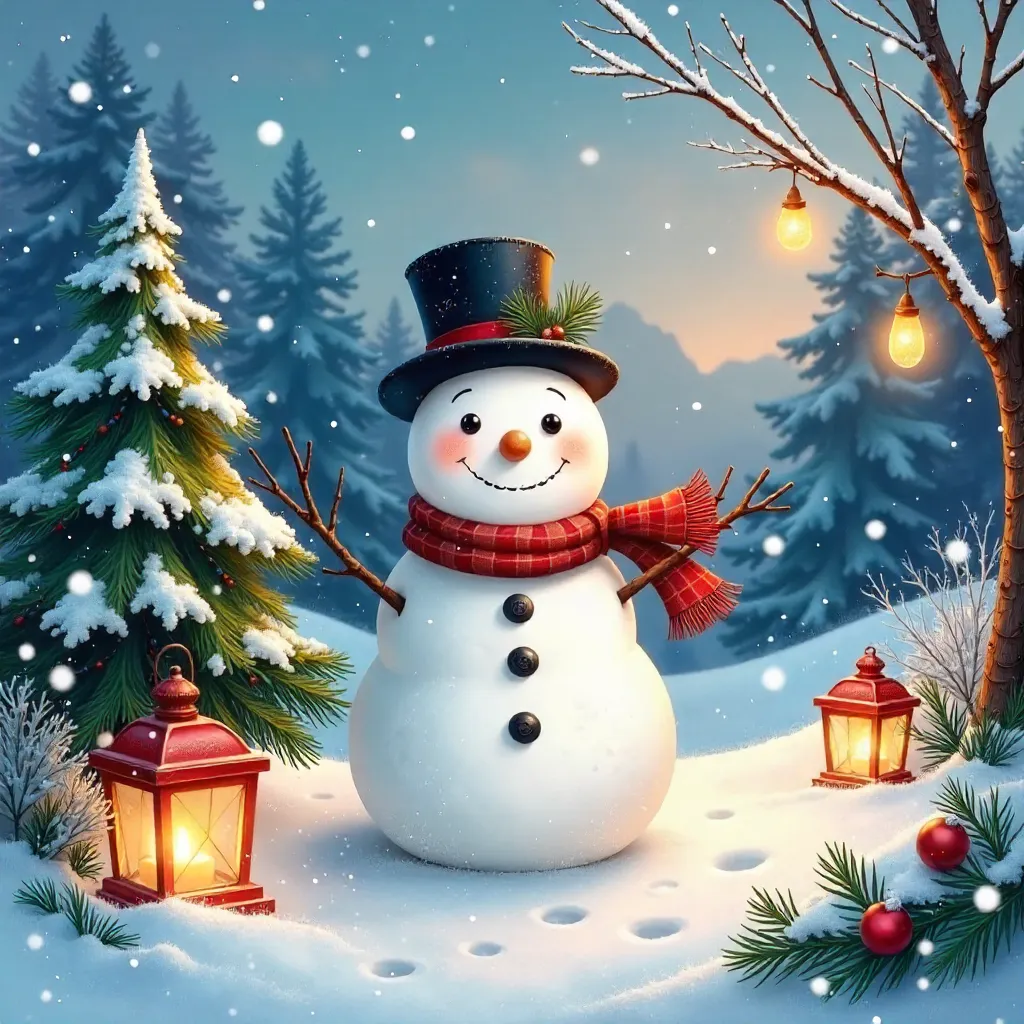 Charming Snowman with Pine Twig Hair in a Snowy Garden