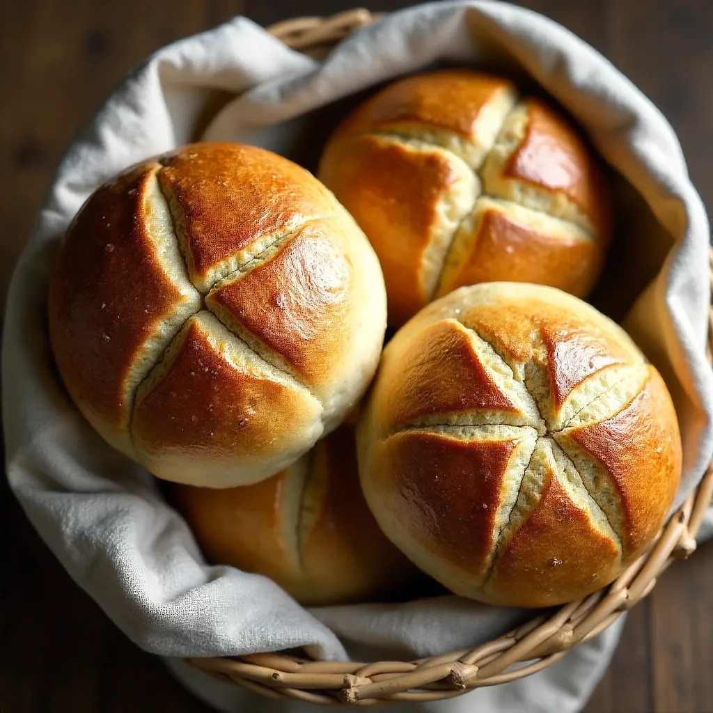 Top-Down Closeup of Fresh Buns in Wicker Bowl