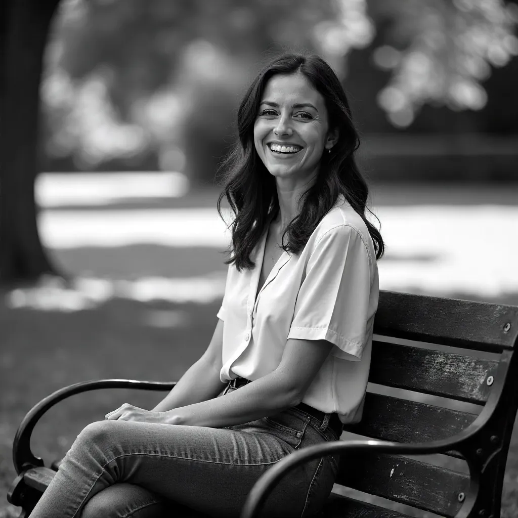 Monochrome Joyful Woman on Park Bench
