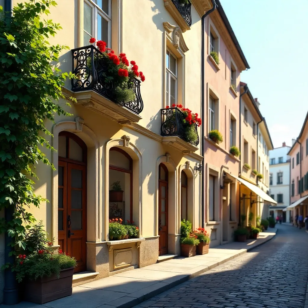 Sunlit European Vintage Facade with Flowered Balconies