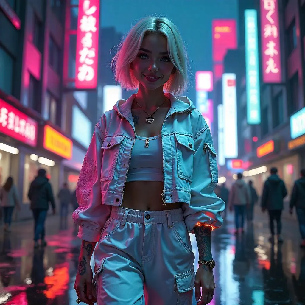 Cheerful White Girl in Neon Cyberpunk City