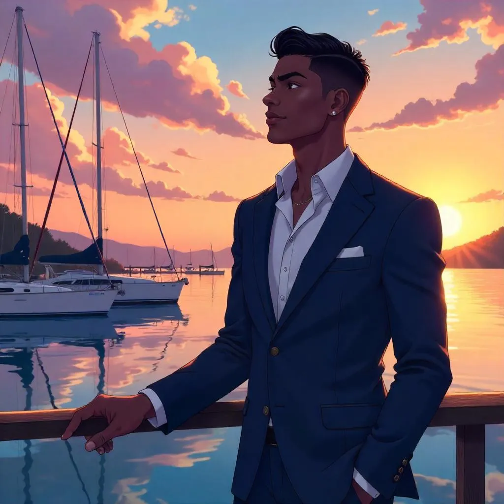 Elegant Black Man at a Marina in Anime Style