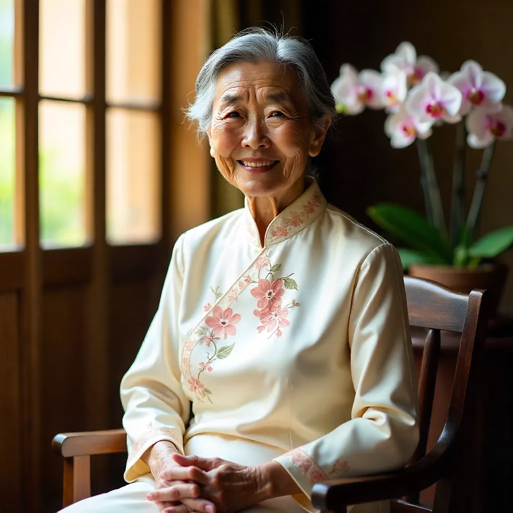 Warm Portrait of an Elderly Vietnamese Woman in Ao Dai