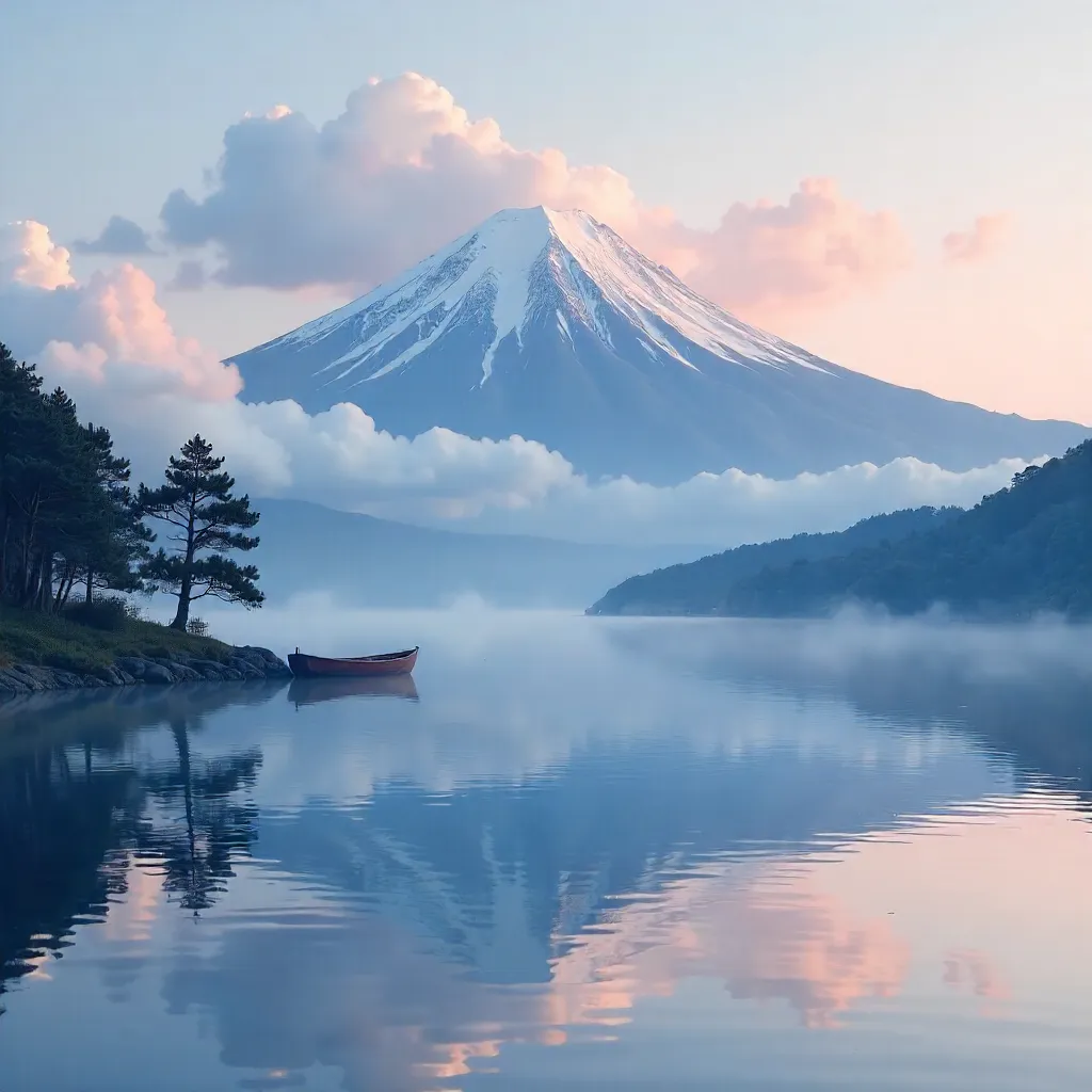 Mount Fuji Rising Through Clouds Over a Calm Lake