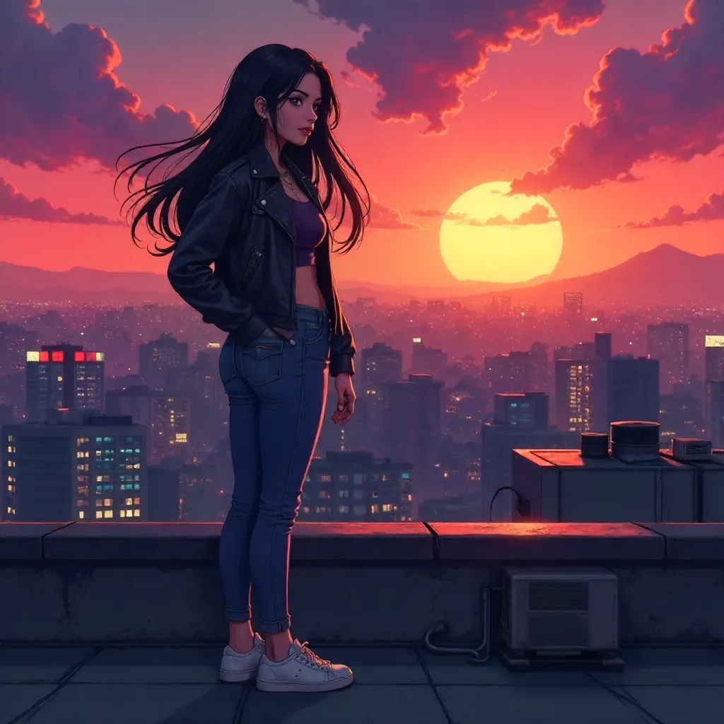 Latina Anime Woman on a Rooftop at Sunset