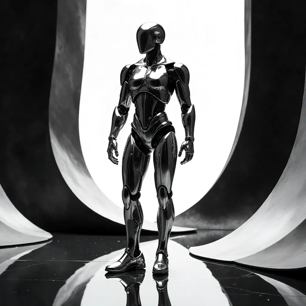Monochrome Chrome Humanoid Robot in Abstract Geometry