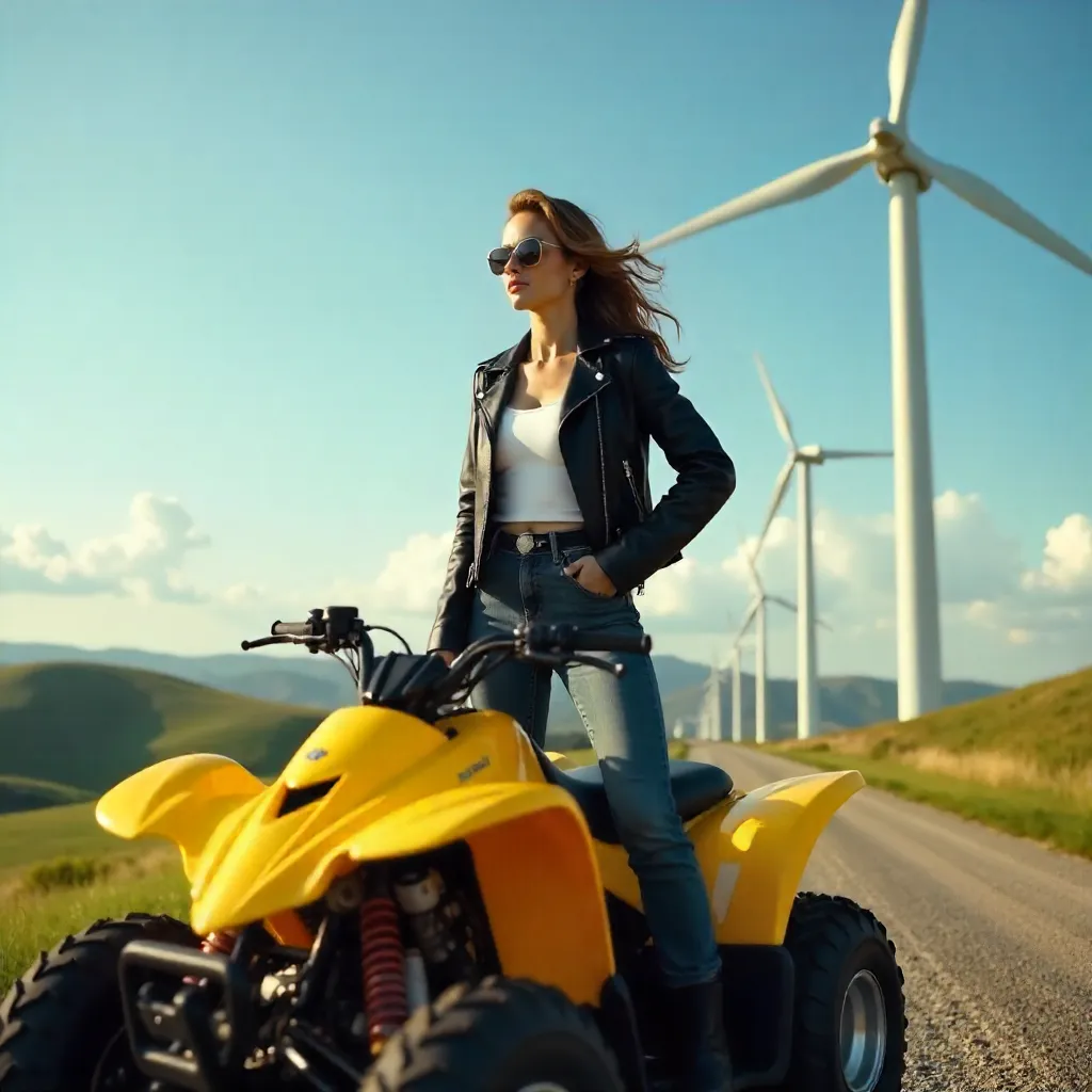 Confident Woman on Yellow ATV at Wind Farm