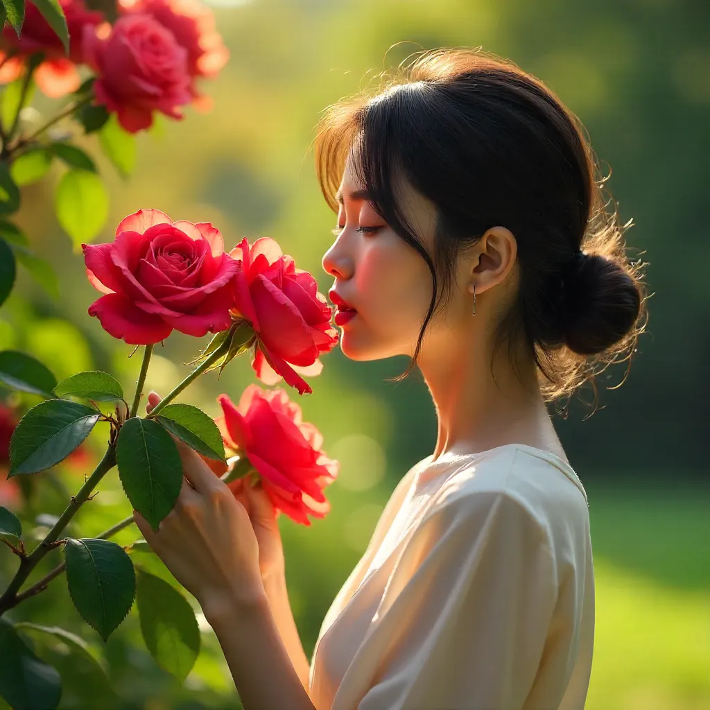 Smelling Red Roses in a Sunlit Garden