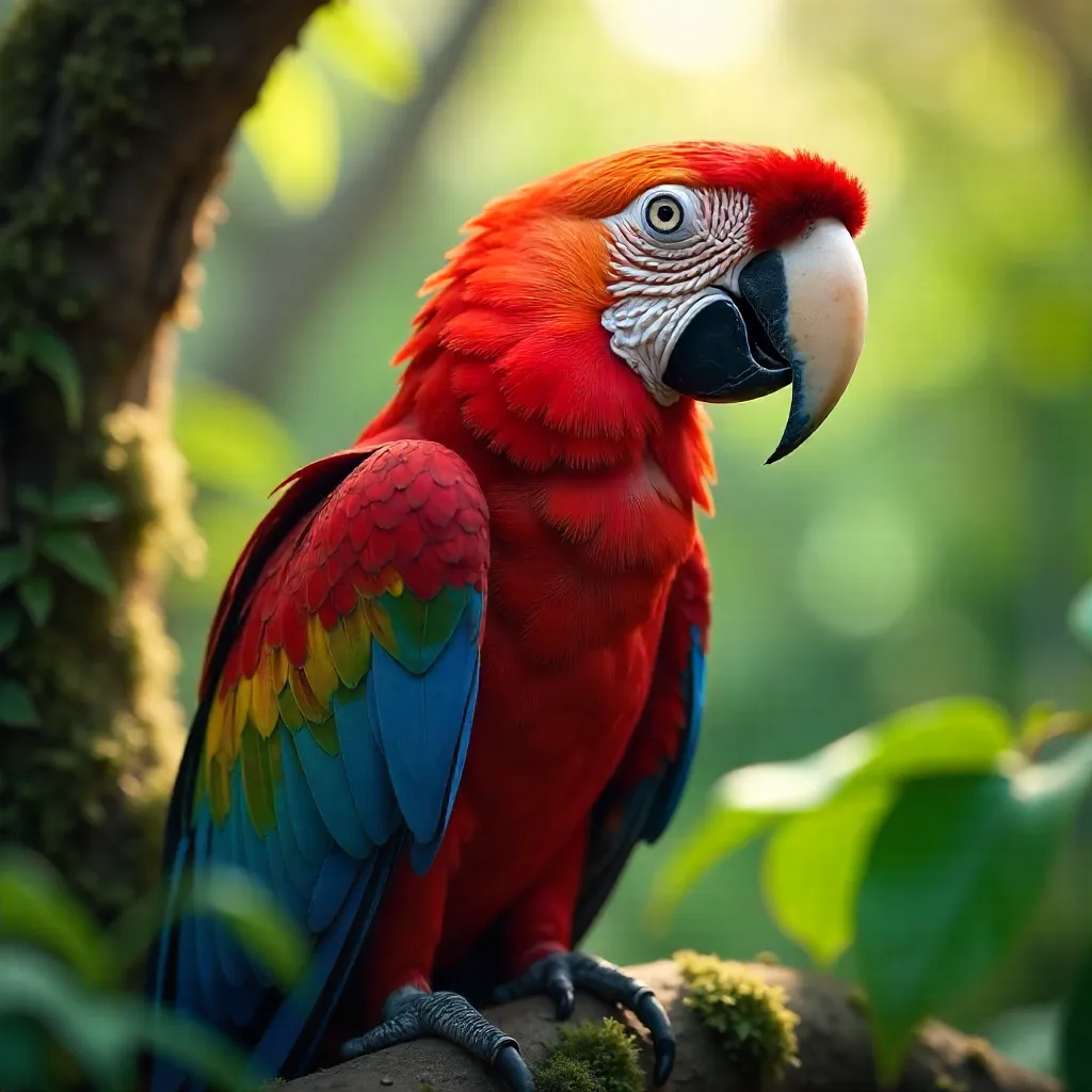 Close-Up Scarlet Macaw in Chilean Foliage