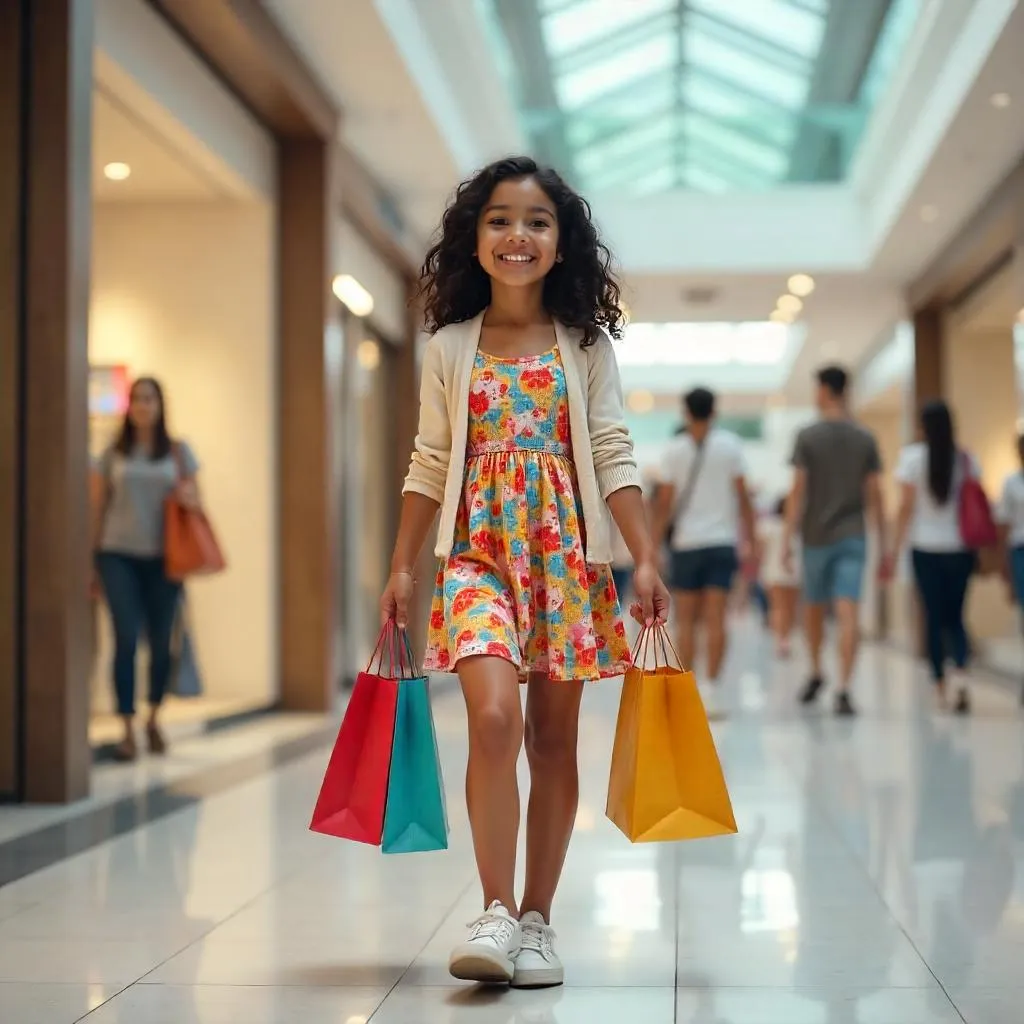 Cheerful Latina in a Lively Shopping Mall