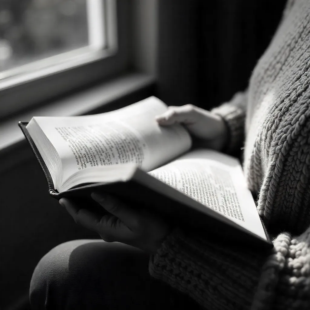 Monochrome Close-Up: Serene Reading Moment