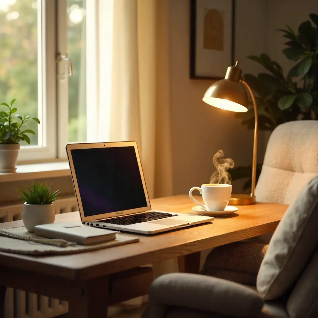 Cozy Home Office with Laptop, Coffee, and Warm Lamp