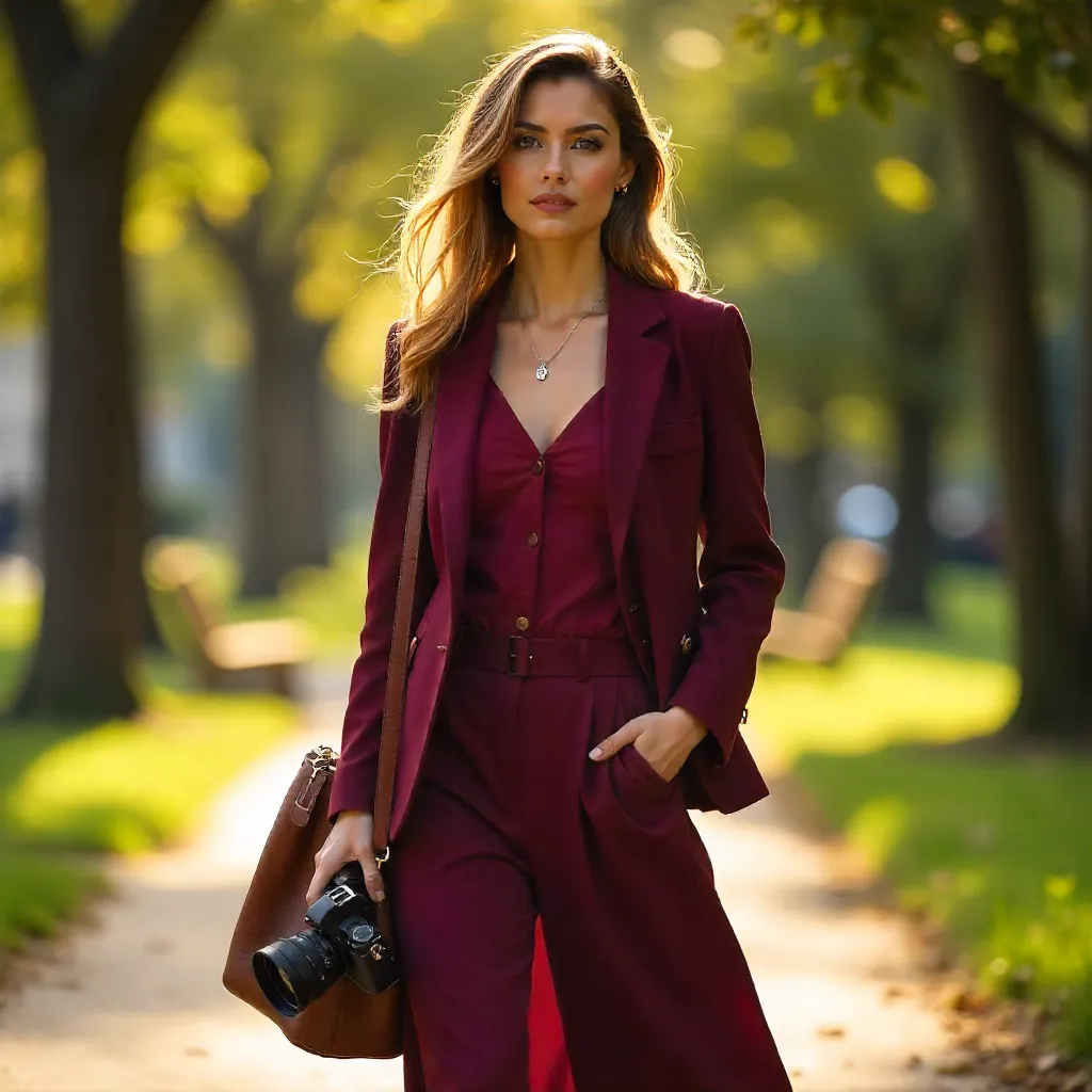 Maroon Chic Outdoors: Portrait with Camera and Handbag