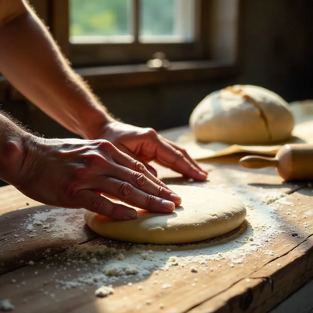 Hands Rolling Dough on Rustic Wooden Surface