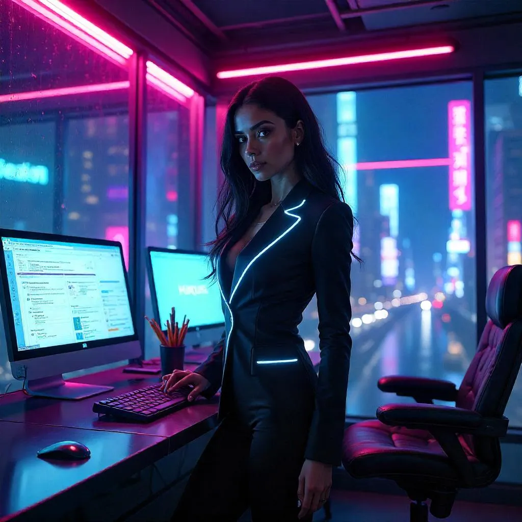 Neon Latina in a Cyberpunk Office