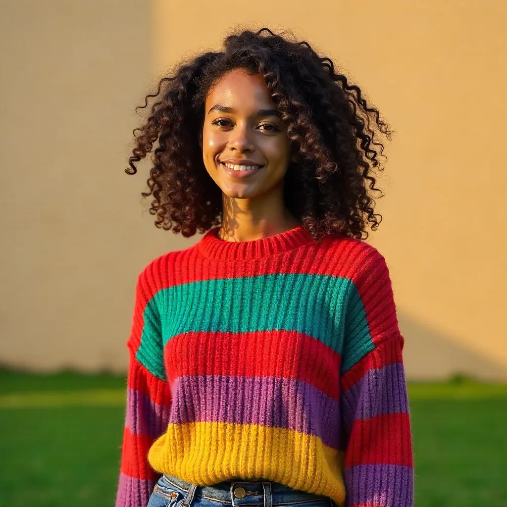 Curly-Haired Woman in Striped Sweater on Grass
