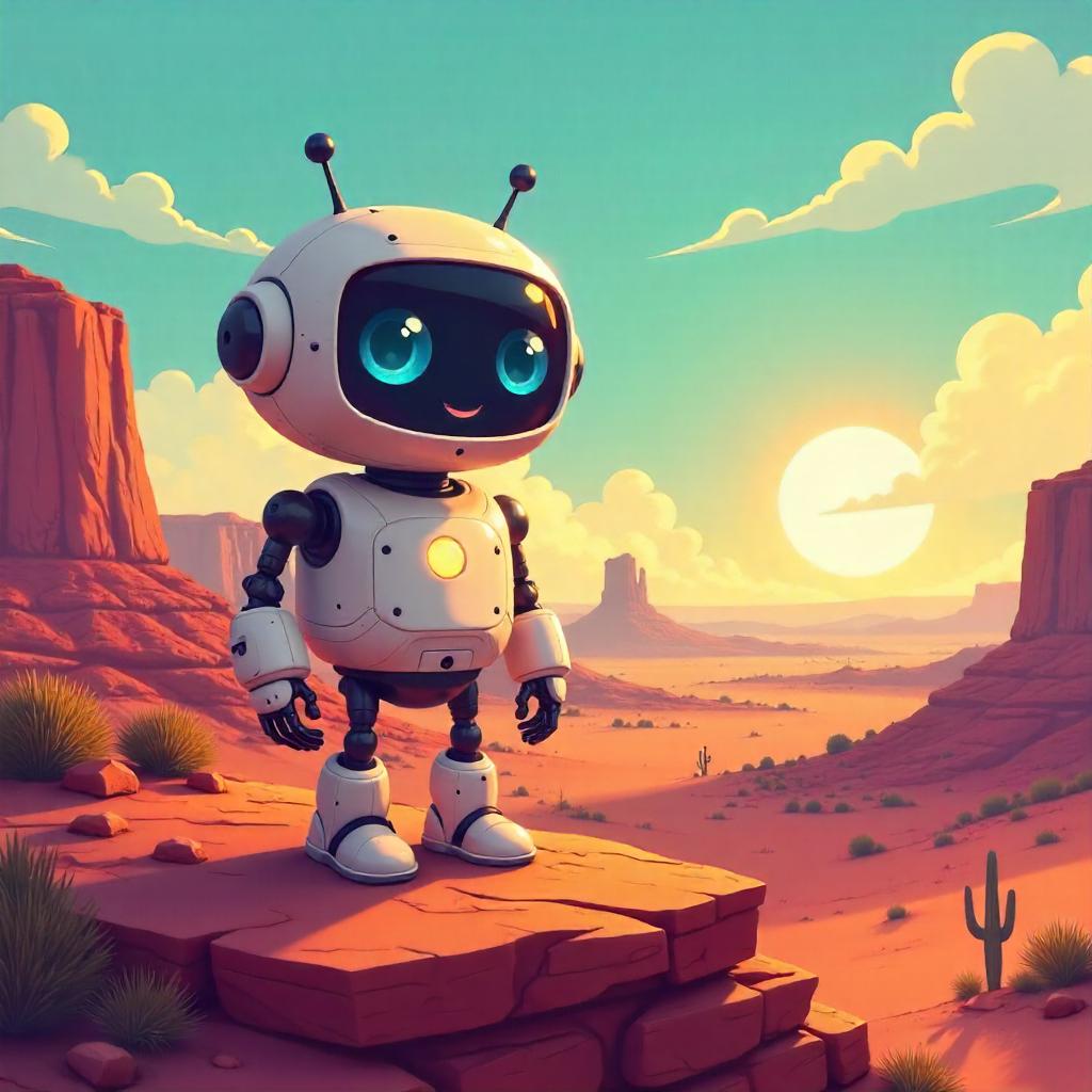 Cheerful Cartoon Android on a Sunset Mesa Landscape