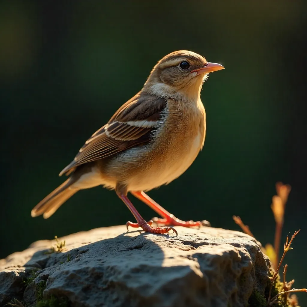 Brown Bird Resting on Sunlit Stone in Dark Bokeh