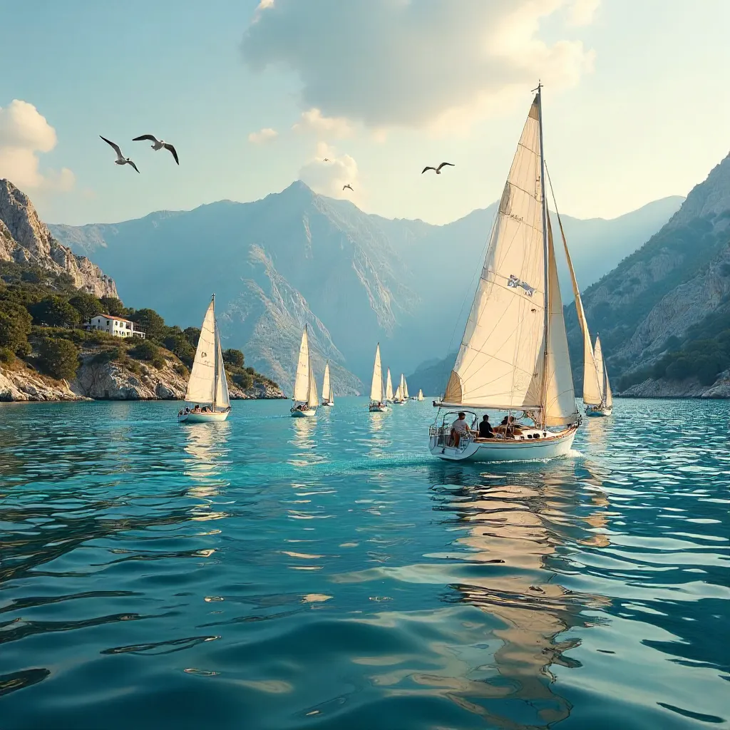 Sailboats Over Izmir's Aegean Backdrop at Golden Hour