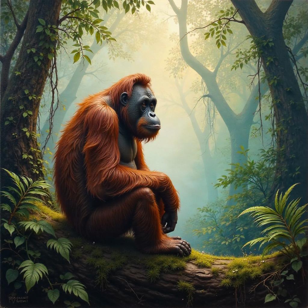 Orangutan in Morning Mist – Oil Painting