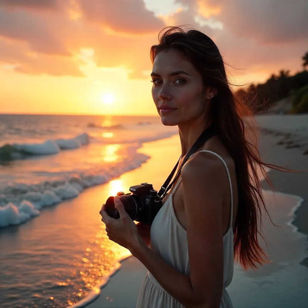 Serene Sunset Portrait: Woman with Camera by the Sea