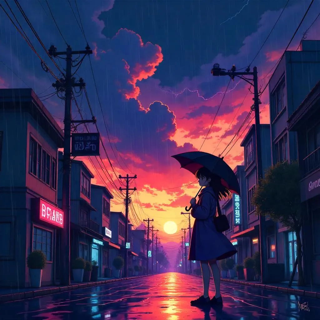 Sunset Storm: An Anime-Style Night Rain
