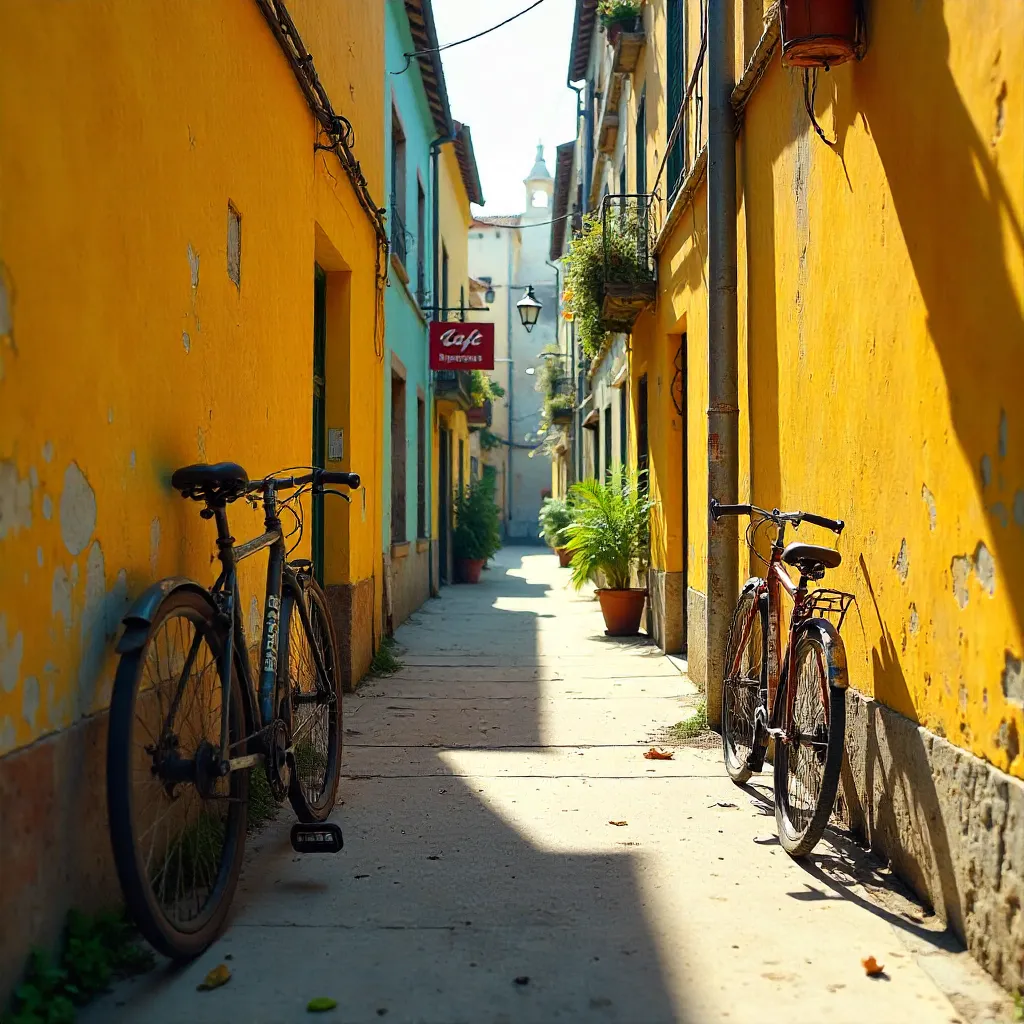 Serene Daylight Alley: Bicycles and Yellow Walls