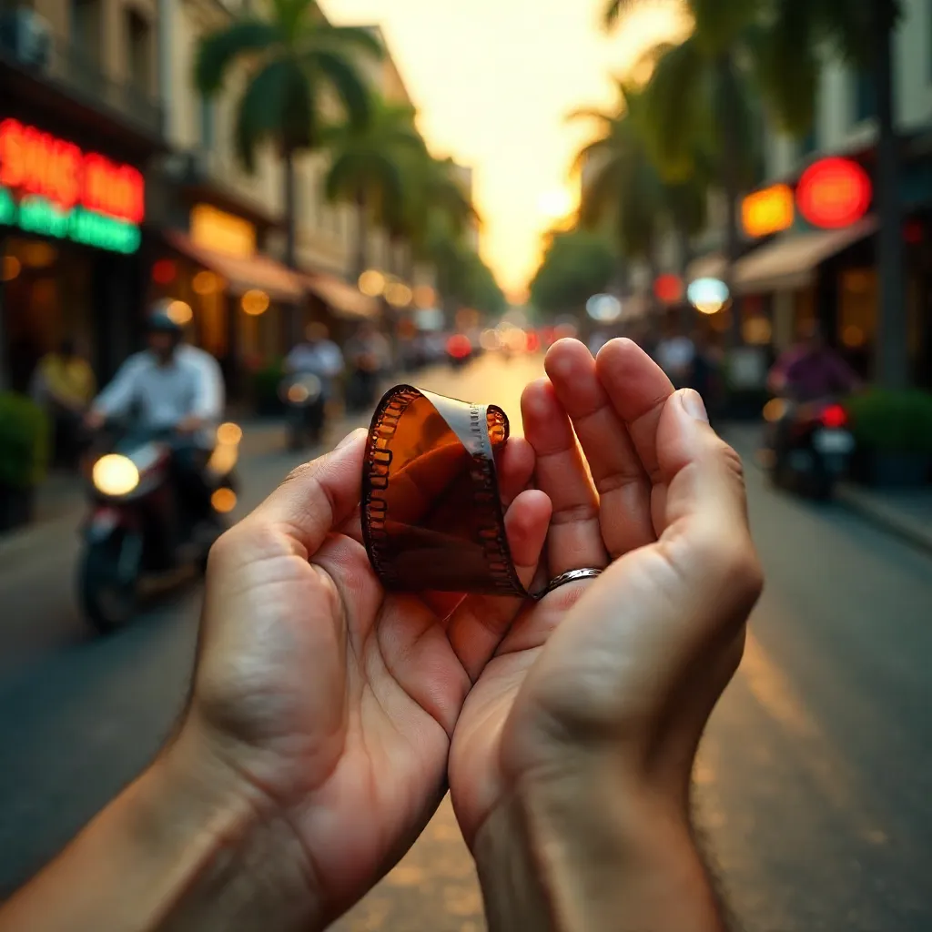 Hands Cradling a Curled Film Roll in Ho Chi Minh City