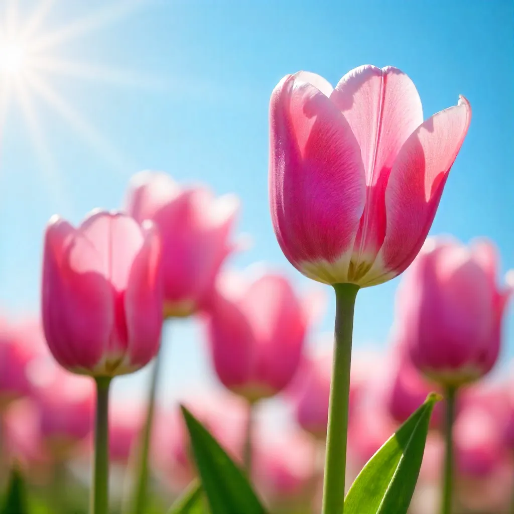 Sunlit Pink Tulips Under a Clear Blue Sky