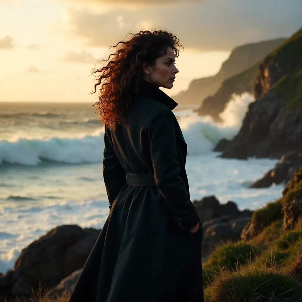 Stormy Sea Style: Curly Hair in a Dark Coat