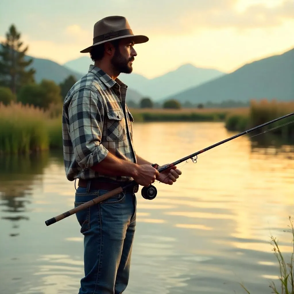 Photorealistic Latino man fishing at golden hour