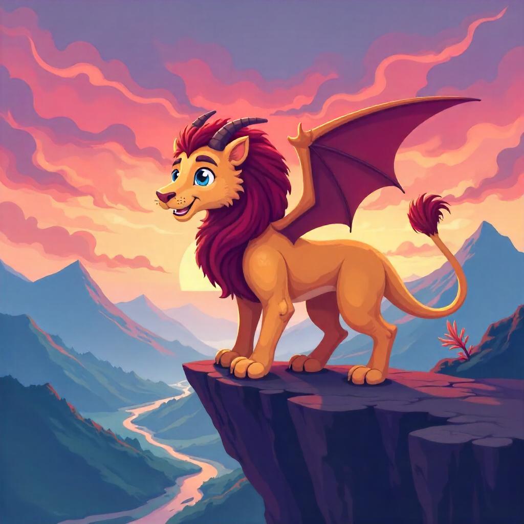 Cartoon Chimera on a Windy Cliff